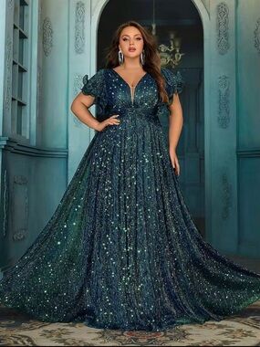 Sparkly Sequin Long Formal Evening Gown Women’s Dress Partywear Green Plus XL